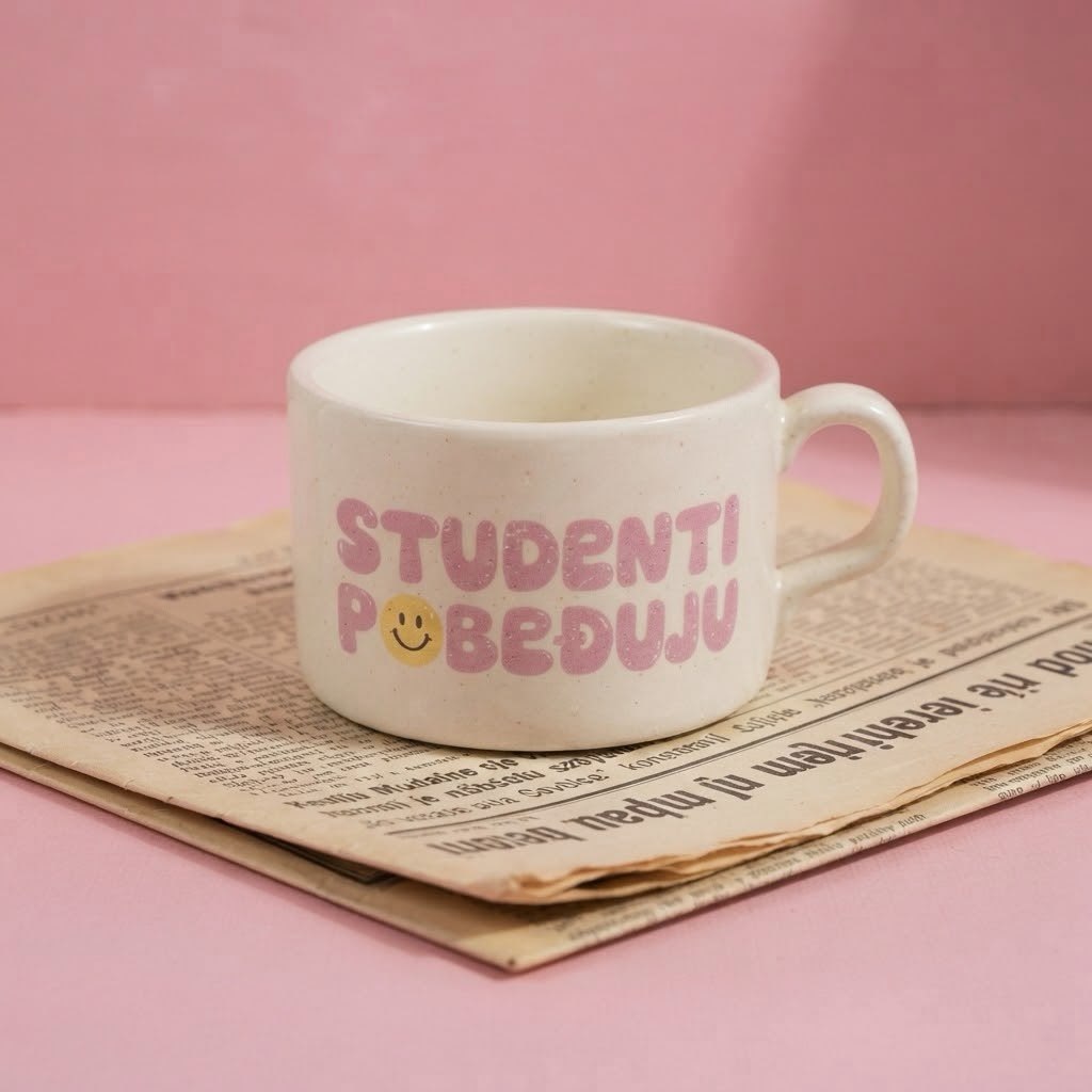 Bela šoljica sa roze natpisom Studenti pobeđuju